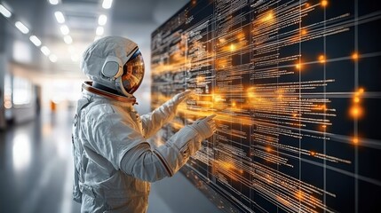 Astronaut Interacting with Digital Data Stream