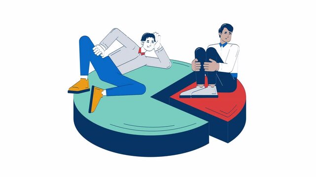 Corporate financial disparity doodle animation. Two professionals seated on unequal segments of pie chart 4K video motion graphic. Pay inequity animated 2D flat cartoon concept, white background