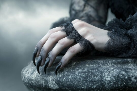 A vampire's hands gripping the edge of a stone balcony, their claws faintly visible as they watch the horizon