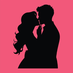 Straight couple, in silhouette, man and a woman, pink background, kiss, grab the waist, modern simple illustration style, Silhouette of couple, vector image, Love Sign , valentines day, Hot, sexy