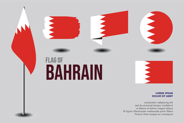 Set of Bahrain flag in 5 designs: flag on pole, brush stroke, skew, round and standard. vector, flat, isolated on grey background