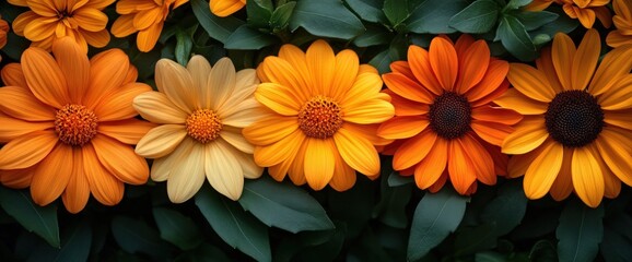Vibrant orange and yellow flowers blooming in lush green foliage.