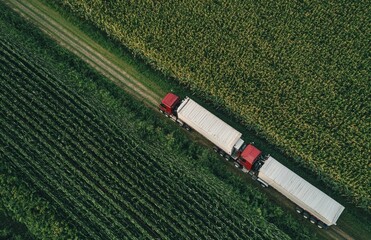 Obraz premium An aerial shot captures corn harvest in the fields, featuring a transporter and a harvester