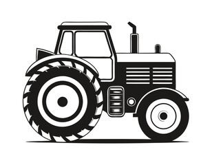 black and white illustration of a classic tractor with large rear wheels and smaller front wheels, showcasing agricultural machinery design