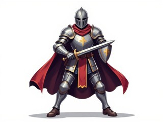 Obraz premium Powerful Medieval Knight in Full Armor Red Cape Sword and Shield Illustration