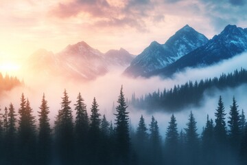 Obraz premium Misty Mountain Majesty: Sunrise Over a Serene Forest
