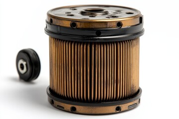 An isolated oil, fuel, or air filter for a car on a white background