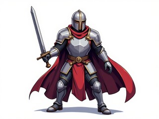 Fototapeta premium Brave Medieval Knight in Full Armor Holding Sword Red Cape Illustration