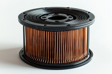 Close-up photograph of a newly installed engine oil filter, isolated on a white background in a studio, with extra space for captions