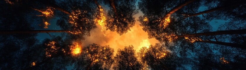 A forest with trees that are lit up in the dark