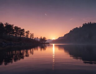 Obraz premium A crescent moon glowing softly on the surface of a calm lake at sunset, lake, crescent moon, landscape