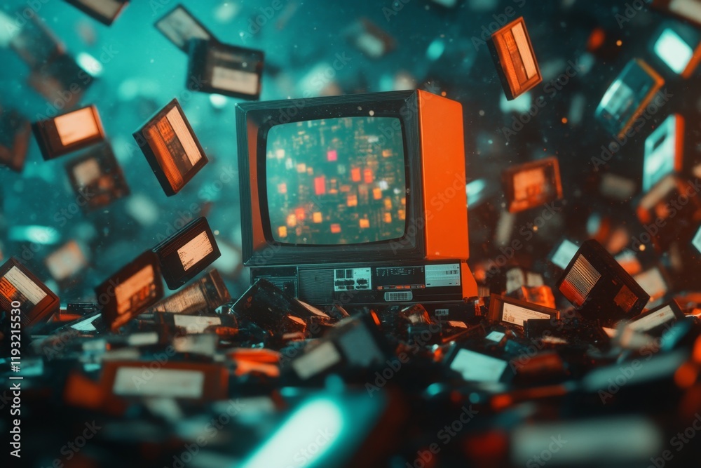 Poster A vibrant 3D rendering of a retro TV setup with VHS tapes scattered around, showcasing colorful labels and a glowing screen