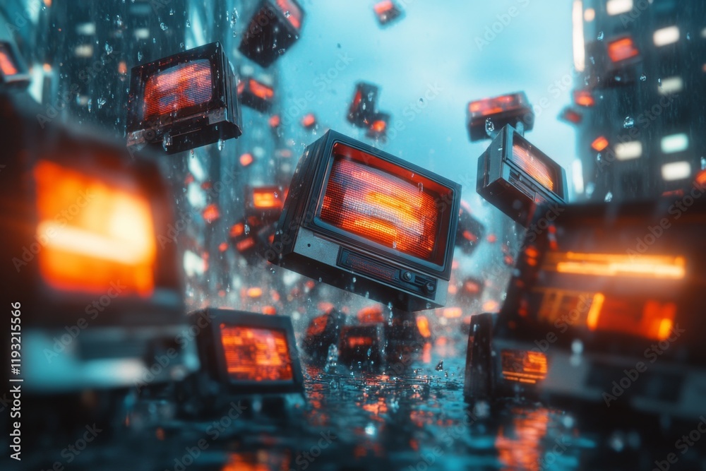 Poster A vibrant 3D rendering of a retro TV setup with VHS tapes scattered around, showcasing colorful labels and a glowing screen