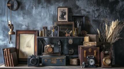 Vintage camera collection displayed on rustic wooden shelves