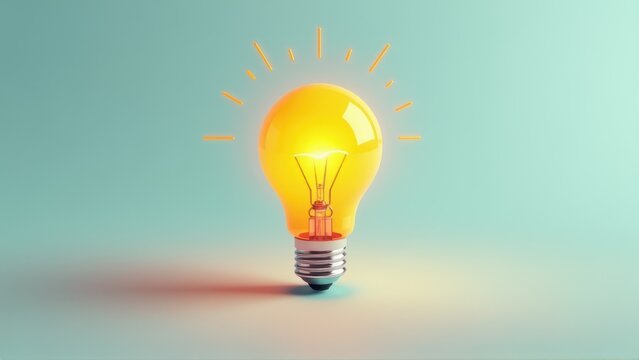 Bright Idea Glowing Light Bulb on Pastel Background