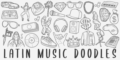 Obraz premium Latin Music Doodle Icons. Hand Made Line Art. Reggaeton Clipart Logotype Symbol Design. 