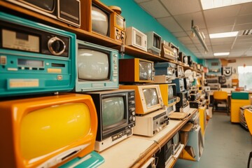 A vintage electronics repair shop with shelves full of old VCRs, TVs, and other nostalgic tech items
