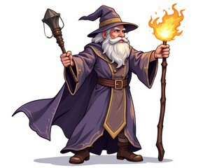 Powerful Fantasy Wizard with Staff and Torch Majestic Elder Sorcerer Illustration