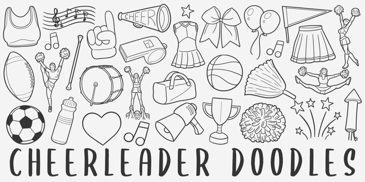 Cheerleader Doodle Icons. Hand Made Line Art. Cheers Clipart Logotype Symbol Design.
