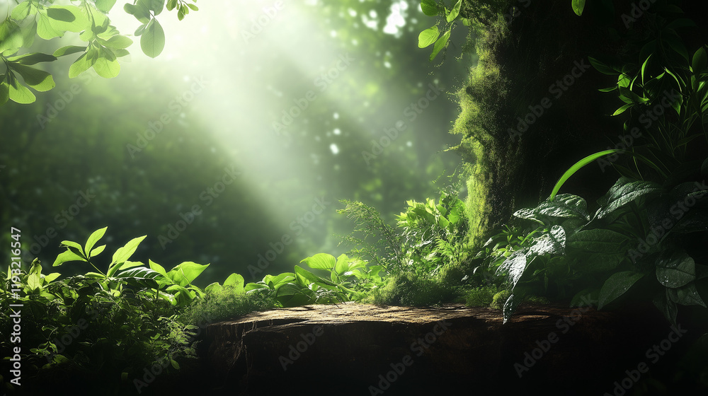 Wall mural natural mockup with stone platform and forest background for product display