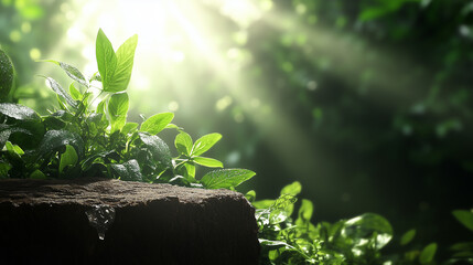 Natural mockup with stone platform and forest background for product display