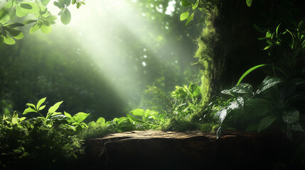 Natural mockup with stone platform and forest background for product display