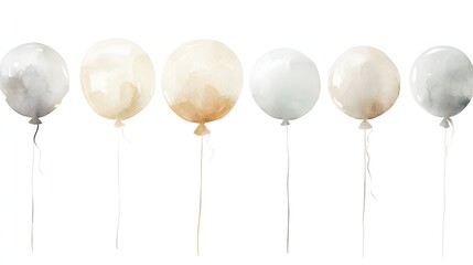 Watercolor painting of six neutral balloons floating