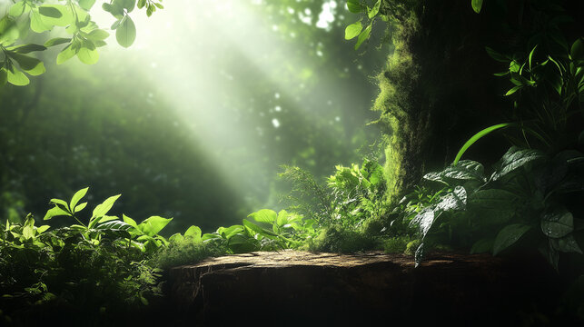 Natural mockup with stone platform and forest background for product display - Powered by Adobe