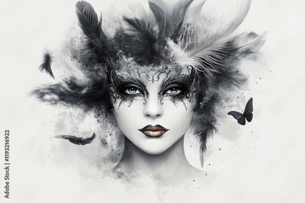 Aufkleber a whimsical drawing of a venetian mask surrounded by decorative feathers, rendered in bold, simple s