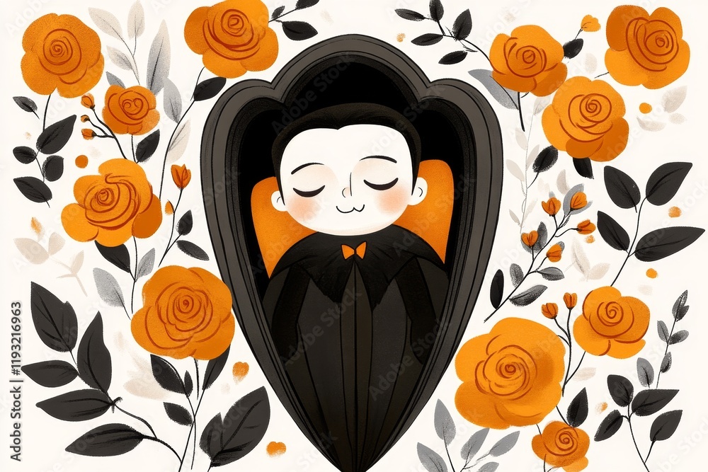 Poster a whimsical drawing of a vampire sleeping in a coffin surrounded by roses, with clean, simple shapes