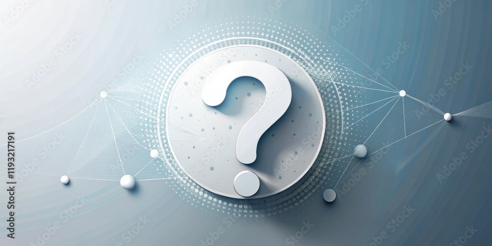Poster abstract question mark in circular design, surrounded by a complex network of nodes and lines repres