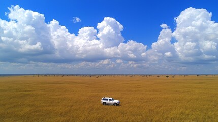 Naklejka premium Aerial photograph illustrates a vehicle traversing the sandy landscapes of the African Sahara