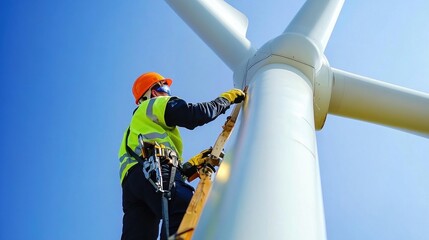 Close-up of a wind turbine blade being inspected by an engineer on a clear blue sky day. The intricate details of the blade are highlighted, showcasing the advanced technology and materials used in