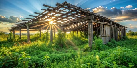 Rustic wooden structure reclaimed by nature, sunbeams illuminating overgrown vegetation during sunset