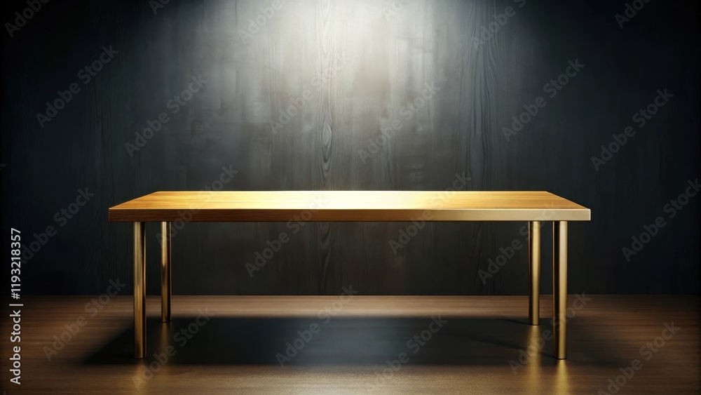 Poster empty golden table against dark wood background, perfect for product display or presentation