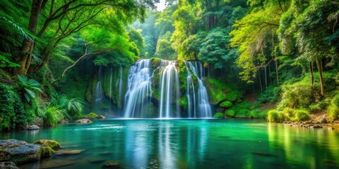 Obraz premium A tranquil waterfall scene with a lush green forest behind the falls, outdoors, trees, stream, natural beauty