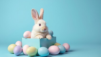 Adorable easter bunny peeking out of gift box surrounded by colorful eggs on light blue background