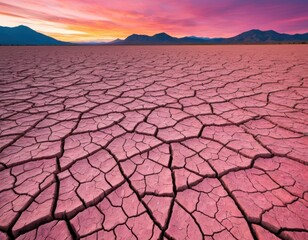  Cracked desert ground with a vibrant pink sunset over mountains in the background...Concept: Arid environment, dry landscape, vibrant sunset, nature's beauty, colorful.