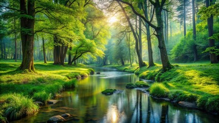 Fototapeta premium A tranquil forest glade with a babbling brook running through it, surrounded by towering trees and lush vegetation, parks, trees, gardens, natural environments