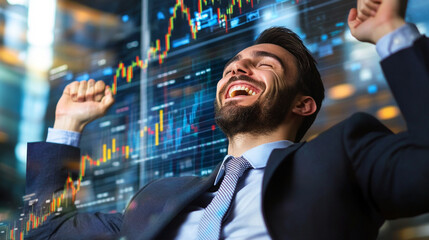 A joyful businessman celebrates success in trading, showcasing enthusiasm and positivity amid financial graphs and data on a digital screen.