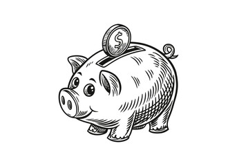 Vintage Piggy Bank Woodcut Engraving Style Vector Illustration with Detailed Hand-Drawn Design
