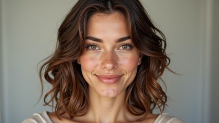A woman gazes confidently into the camera, her eyes sparkling with warmth beneath soft, browns waves cascading down. Perfectly shaped brows accentuate her subtle, inviting smile