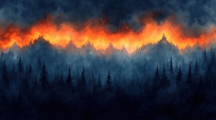 Fiery Wildfire Engulfing Mountain Forest at Night