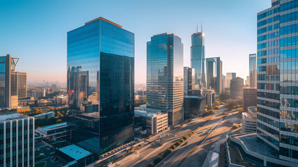Business district buildings exterior showcasing modern architecture and urban landscape, symbolizing progress and innovation in city development.