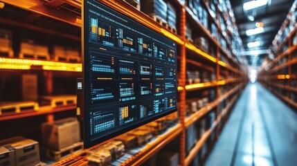 Warehouse inventory management system display showing real-time data on shelves.