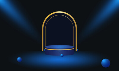 Blue Podium with Golden Line in Blue Lighting Studio Background vector illustration template. Podium background.