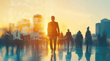 Fototapeta premium Silhouetted figures walk through a vibrant cityscape at sunset, symbolizing the hustle and bustle of urban life and the journey of modern individuals.