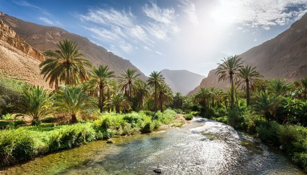 Generated image The lush, green oasis of the Ourika Valley, with rivers and palm trees set against a mountains