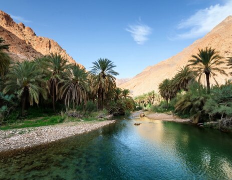 Generated image The lush, green oasis of the Ourika Valley, with rivers and palm trees set against a mountains