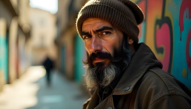 Vagabond man with a hardened expression and bright eyes, blurred city buildings behind